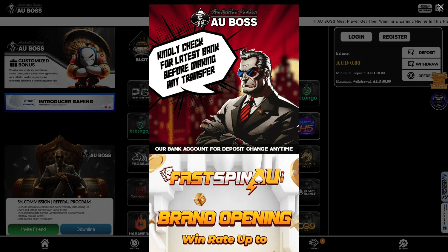 AU Boss Casino desktop home interface for Australian players