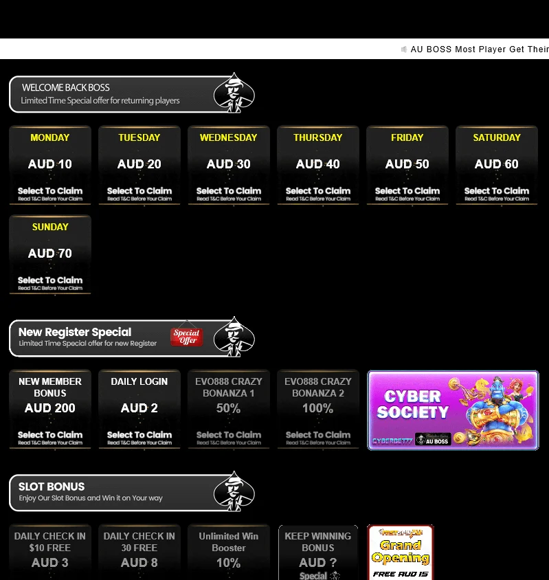 AU Boss Casino desktop promotions area with available offers