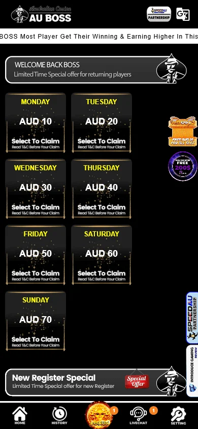 AU Boss Casino mobile promotions area