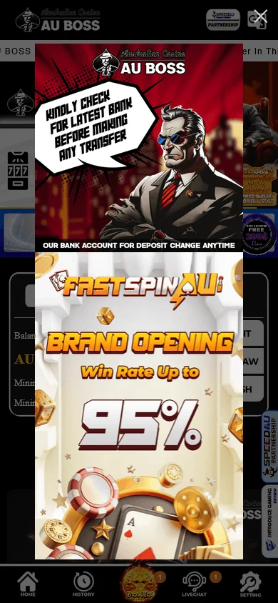 AU Boss Casino mobile interface with bottom navigation